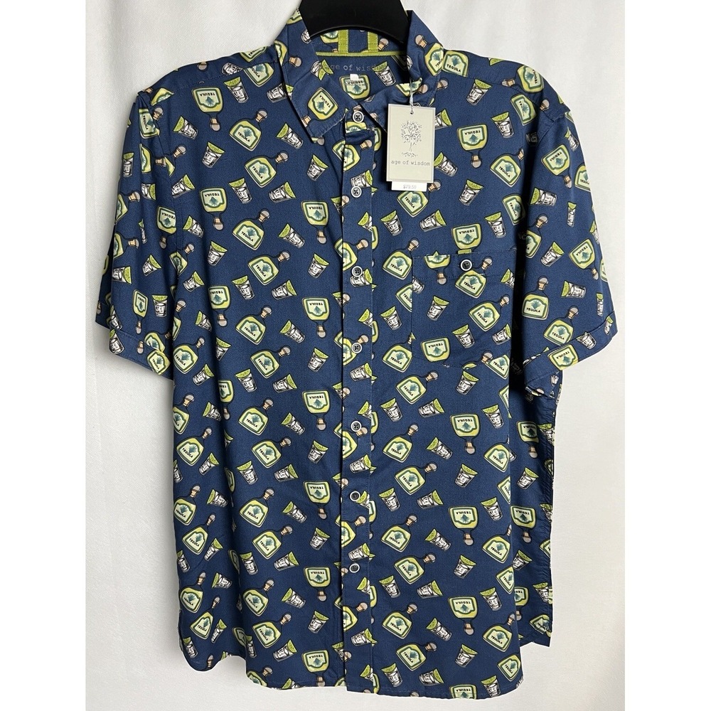 Age Of Wisdom Men's Shirt Size Medium Tequila Bottle 100% Modal Midnight Blue E6